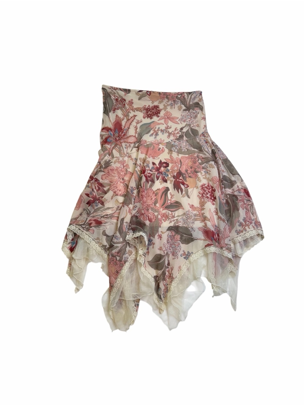 Vintage René Derhy Y2K Floral Chiffon Handkerchief Skirt Beaded Lace Trim Fairy